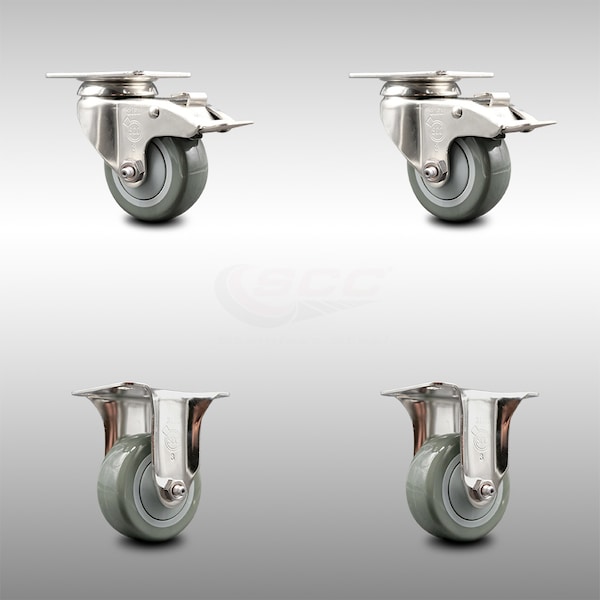 3 Inch 316SS Gray Polyurethane Swivel Top Plate Caster Lock Brake 2 Rigid, 2PK